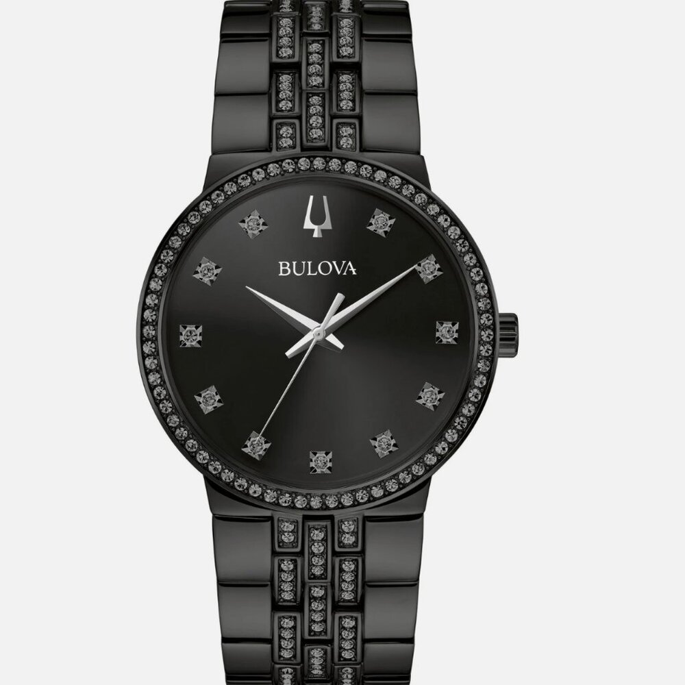Bulova Men's Crystal Quartz Gemmed Black Stainless Steel Watch 40 MM